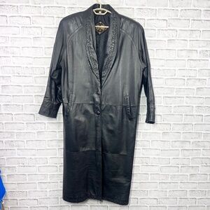 VINTAGE |•G-III•| Black Full Length Trench Coat Embroidered Collar Size Medium